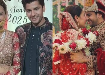 पहाड़ी नथ, गलोबंध और पौंची पहने नजर आईं दुल्हन सारा खान, मुकुट में खूब सजे दूल्हे कृष पाठक, देखें PICS